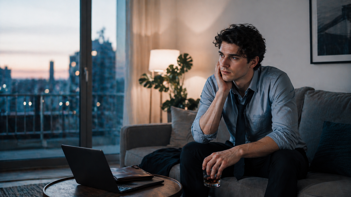 Person nach der Arbeit erschöpft auf dem Sofa mit Laptop