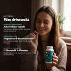 Was drinsteckt: Ackerbohnen-Extrakt, Magnesium, Zitronenmelisse, L-Theanin und B-Vitamine